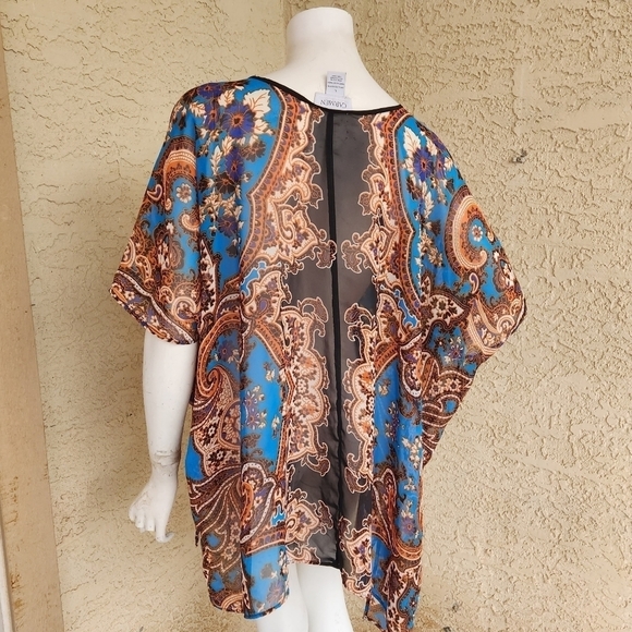 Carmen Carmen Marc Valvo Black, Blue, and Orange See Through Floral Print Flowy - Picture 6 of 8